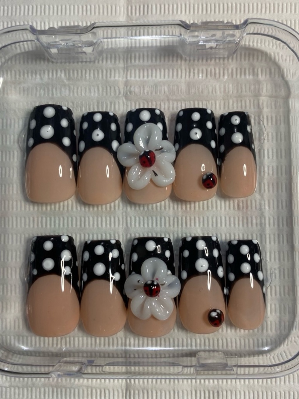 Polka Dot Black & Nude Press-On Nail Set with 3D Flower Accents